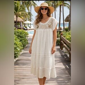 Embroidered Maxi Dress Boho White Hand-Stitched Summer Gauzy Resort Long Coastal